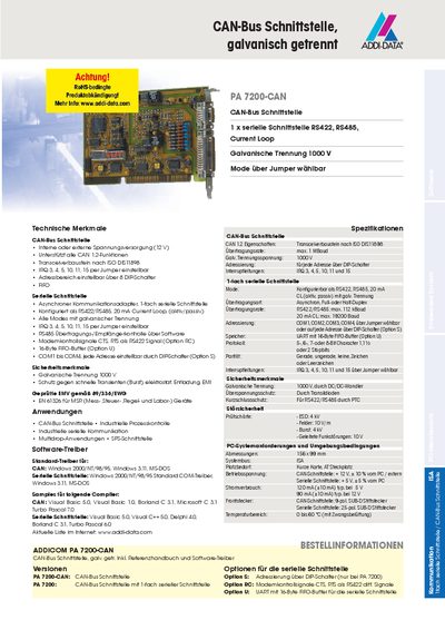 Addicom PA 7200-CAN Technology Data Sheet - cover page