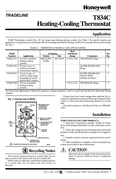 Honeywell T834C Heating-Cooling Thermostat User Manual - cover page