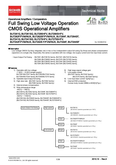 ROHM BU7264SF Operational Amplifier Technical Note - cover page