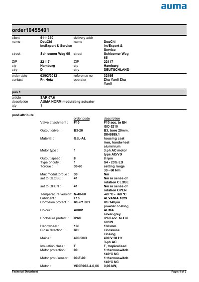 AUMA SAR 07.6 Modulating Actuator Technical Datasheet - cover page