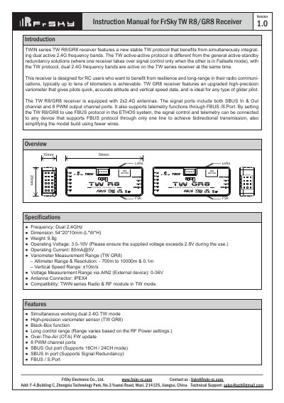 FrSky TW R8/GR8 Receiver Instruction Manual
