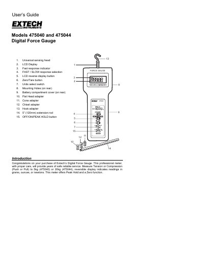 Extech Models 475040 and 475044 Digital Force Gauge User's Guide - cover page