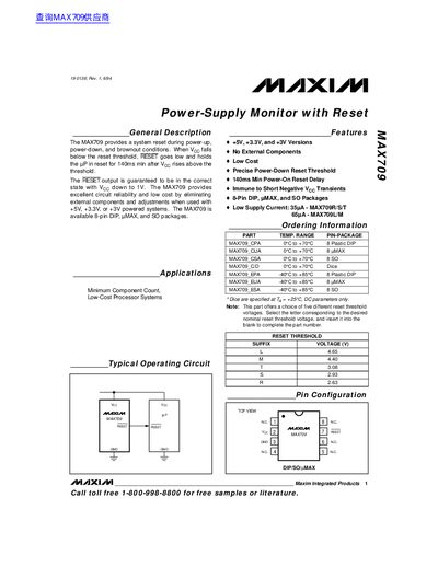 Maxim MAX709 Power‑Supply Monitor Datasheet - cover page