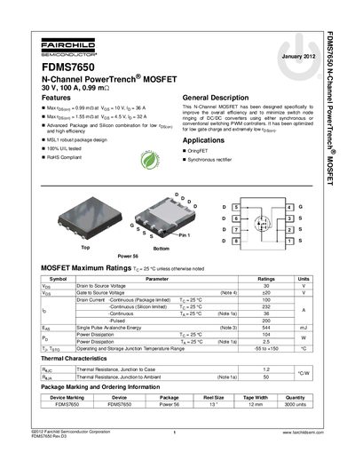 Fairchild FDMS7650 N-Channel MOSFET Datasheet