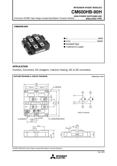 Mitsubishi CM600HB-90H HVIGBT Module Datasheet - cover page