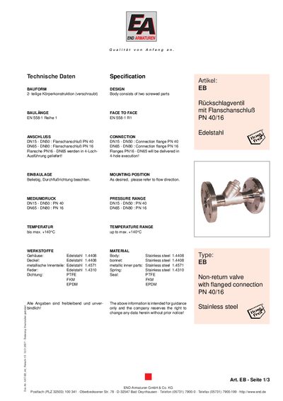 END-Armaturen EB Non-return Valve Product Data Sheet - cover page