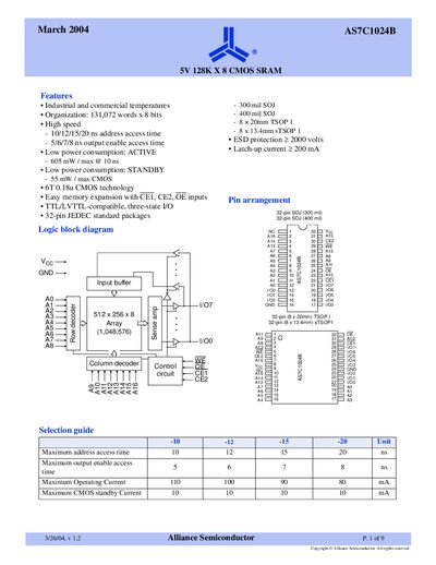 Alliance Semiconductor AS7C1024B 5V 128K×8 CMOS SRAM Datasheet - cover page