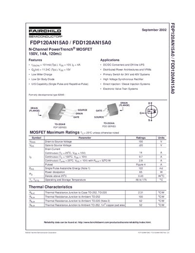 FAIRCHILD FDP120AN15A0 FDD120AN15A0 N-Channel PowerTrench MOSFET 150V 14A 120mOhm handbook - cover page