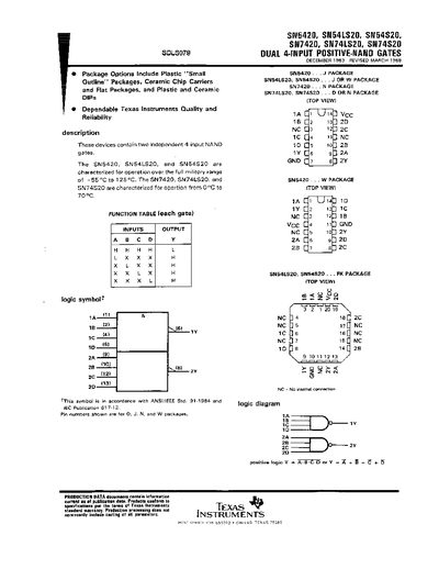 TEXAS INSTRUMENTS SN5420/SN54LS20/SN54S20/SN7420/SN74LS20/SN74S20 Manual - cover page