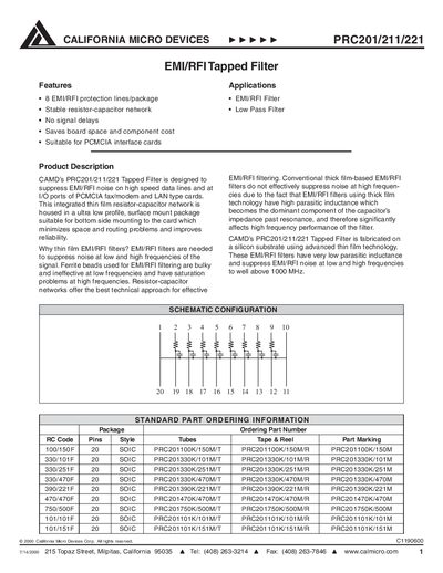 California Micro Devices PRC201/211/221 EMI/RFI Tapped Filter Data Sheet - cover page
