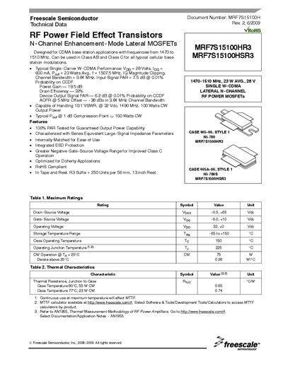 Freescale MRF7S15100HR3/MRF7S15100HSR3 RF Power Field Effect Transistor Datasheet - cover page