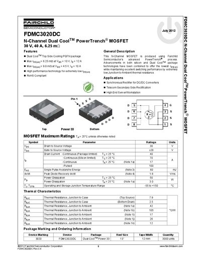 Fairchild FDMC3020DC N-Channel Dual Cool PowerTrench MOSFET Datasheet - cover page