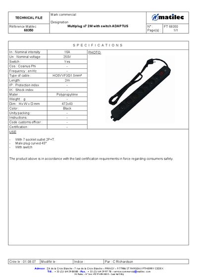 Matilec 68350 Multiplug Technical File - cover page