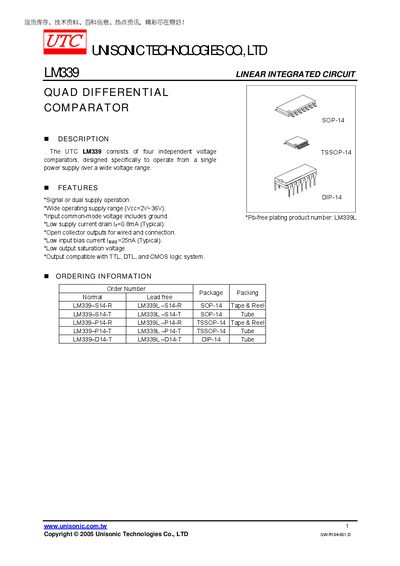 Unisonic LM339 Quad Differential Comparator Datasheet - cover page