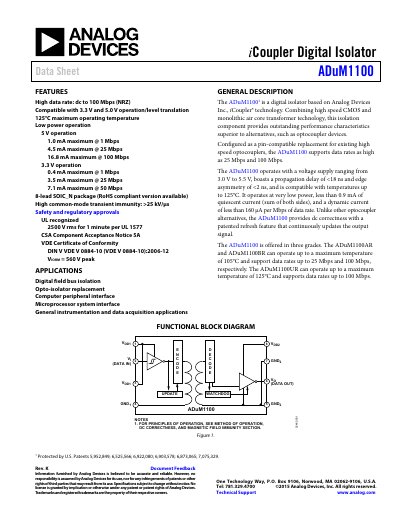 Analog Devices ADuM1100 Digital Isolator Data Sheet