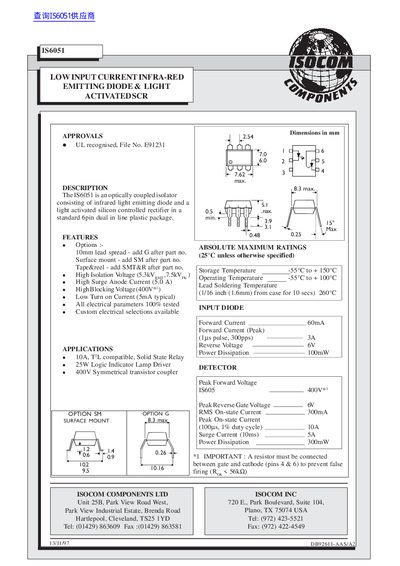 ISOCOM IS6051 Low Input Current Infra-Red Emitting Diode Light Activated SCR Datasheet - cover page