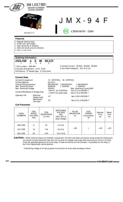 DB LECTRO JMX-94F Magnet Latching Relay Datasheet - cover page