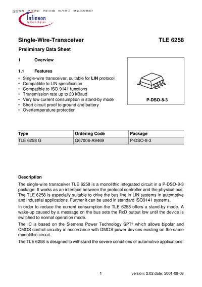 Infineon TLE 6258 Single-Wire Transceiver Datasheet