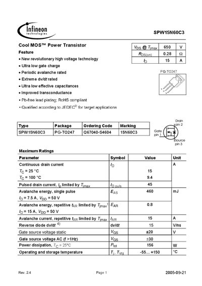 Infineon SPW15N60C3 Power Transistor Datasheet - cover page