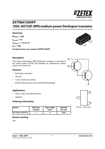 Zetex ZXTN04120HFF NPN Darlington Transistor Datasheet - cover page