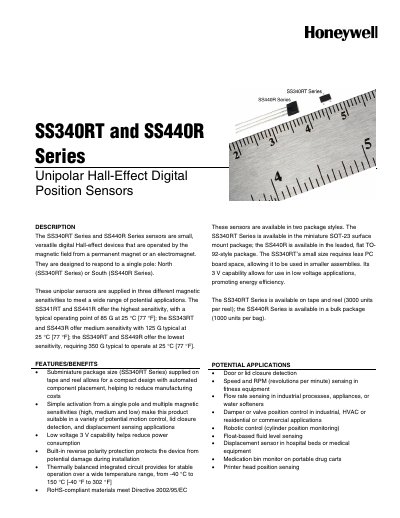 Honeywell SS340RT/SS440R Series Unipolar Hall-Effect Digital Position Sensors Datasheet - cover page