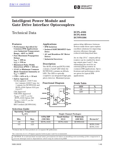Hewlett-Packard HCPL-4506/HCPL-0466/HCNW4506 Optocoupler Technical Data - cover page