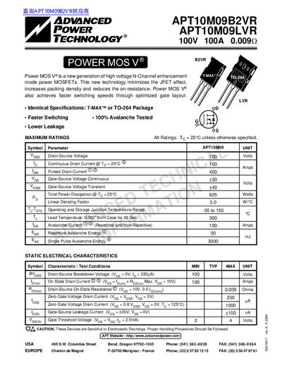 ADVANCED POWER TECHNOLOGY APT10M09B2VR APT10M09LVR 100V 100A 0.009 handbook - cover page