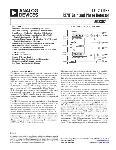 Analog Devices AD8302 RF/IF Gain and Phase Detector Product Handbook Rev A - cover page