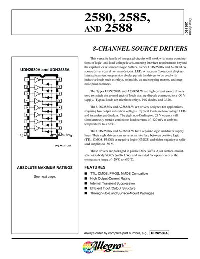 Allegro UDN2580/2585/2588 8-Channel Source Drivers Datasheet - cover page