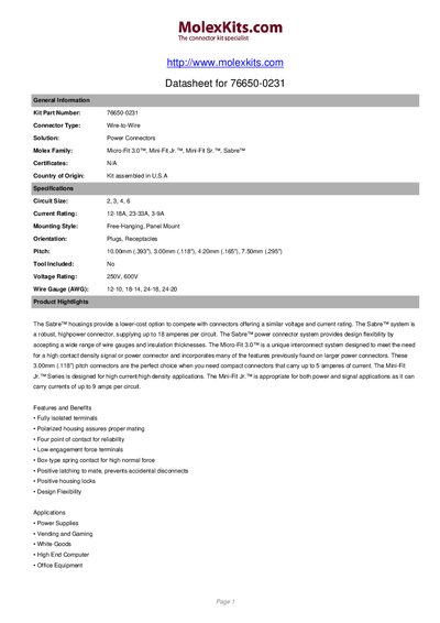 Molex 76650-0231 Wire-to-Wire Connector Kit Datasheet - cover page