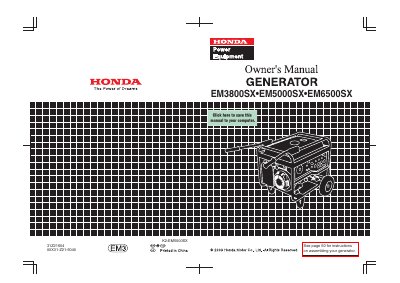 Honda EM3800SX/EM5000SX/EM6500SX Generator Owner's Manual - cover page