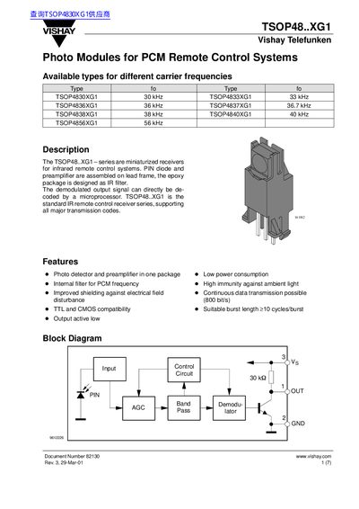 Vishay TSOP48..XG1 Photo Modules Data Sheet - cover page