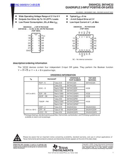Texas Instruments SN54HC32, SN74HC32 Quadruple 2-Input Positive-OR Gates Datasheet