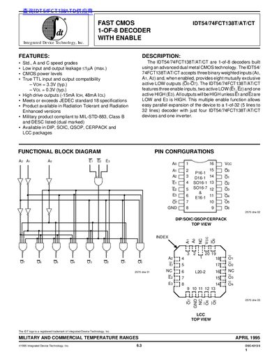 Integrated Device Technology IDT54/74FCT138T/AT/CT Datasheet - cover page
