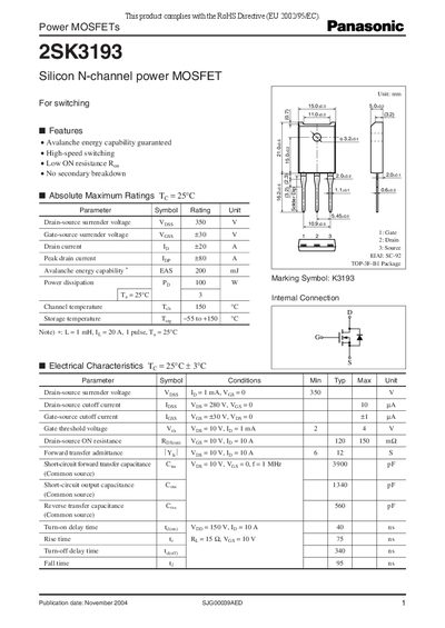 Panasonic 2SK3193 Power MOSFET Datasheet - cover page
