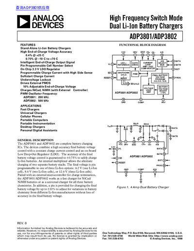 Analog Devices ADP3801/ADP3802 High Frequency Switch Mode Dual Li-Ion Battery Chargers Datasheet - cover page