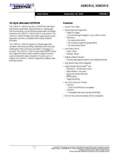 Intersil X28C512/X28C513 64K x 8 EEPROM Datasheet - cover page