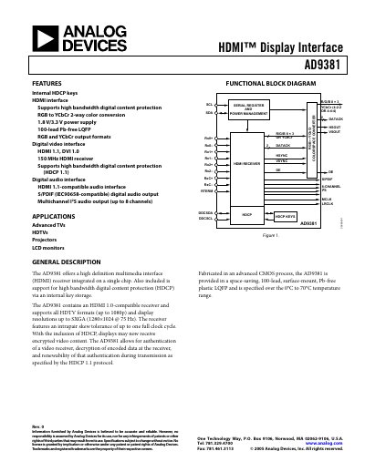 Analog Devices AD9381 HDMI Display Interface Datasheet Rev 0 - cover page