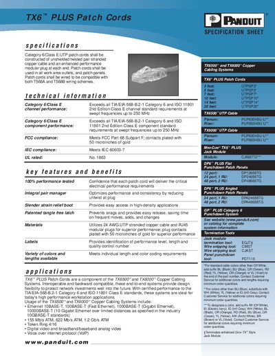 Panduit TX6 PLUS Patch Cords Product Data Sheet - cover page