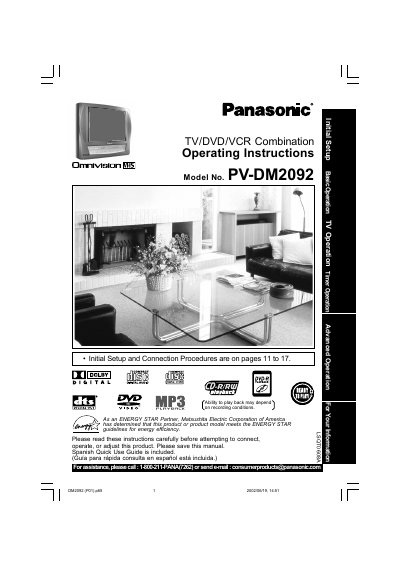 Panasonic PV-DM2092 TV/DVD/VCR Combination Operating Instructions - cover page