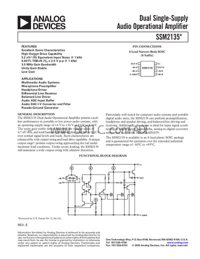 Analog Devices SSM2135 Audio Operational Amplifier Datasheet - cover page