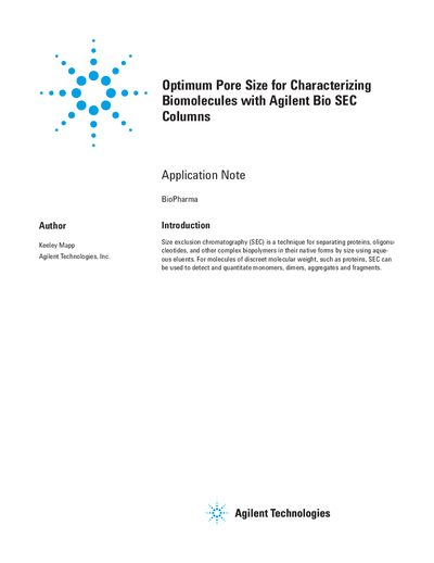 Agilent Bio SEC-3 Columns Application Note: Optimum Pore Size for Characterizing Biomolecules - cover page