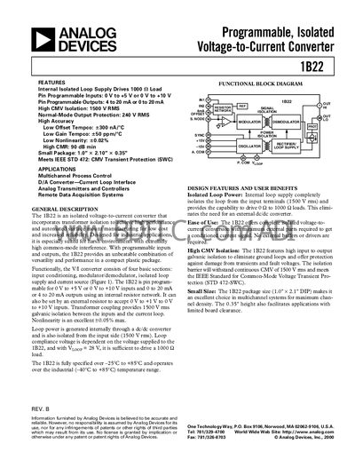 Analog Devices 1B22 Voltage-to-Current Converter Datasheet - cover page
