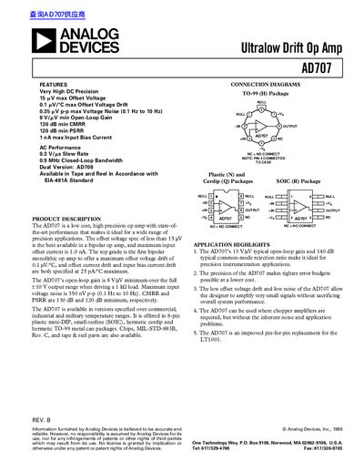 ANALOG DEVICES Ultralow Drift Op Amp AD707 handbook - cover page