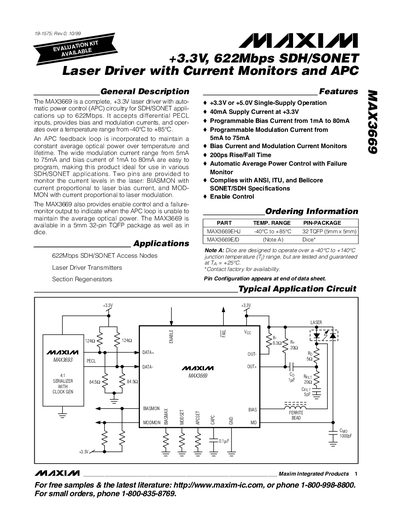 Maxim MAX3669 Laser Driver Datasheet - cover page