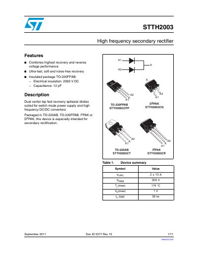 STMicroelectronics STTH2003 High Frequency Secondary Rectifier Datasheet
