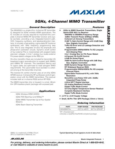 Maxim MAX2850 RF Transmitter Datasheet - cover page