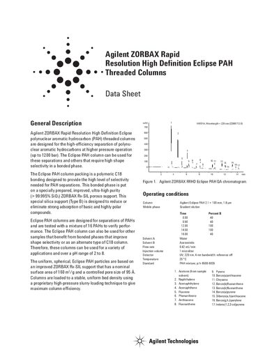Agilent ZORBAX Eclipse PAH Rapid Resolution High Definition Threaded Columns Data Sheet - cover page
