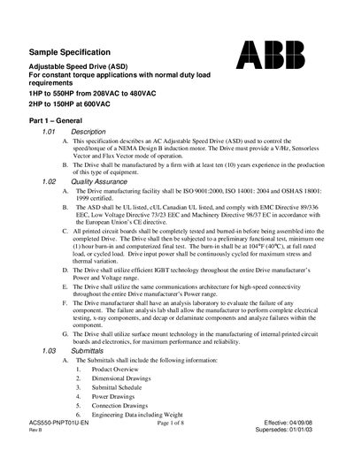 ABB 600 Sample Specification Manual - cover page