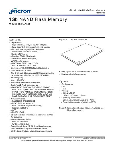 Micron MT29F1GxxABB 1Gb NAND Flash Memory Datasheet - cover page